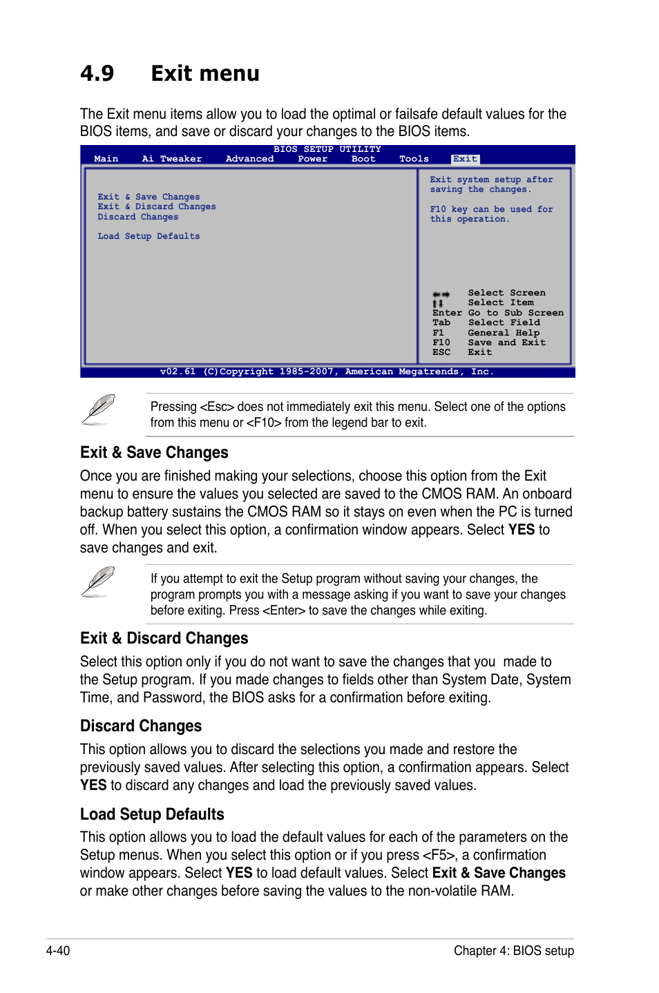 9 exit menu, Exit & save changes, Exit & discard changes | Discard changes, Load setup defaults | Asus P5E3 User Manual | Page 106 / 168