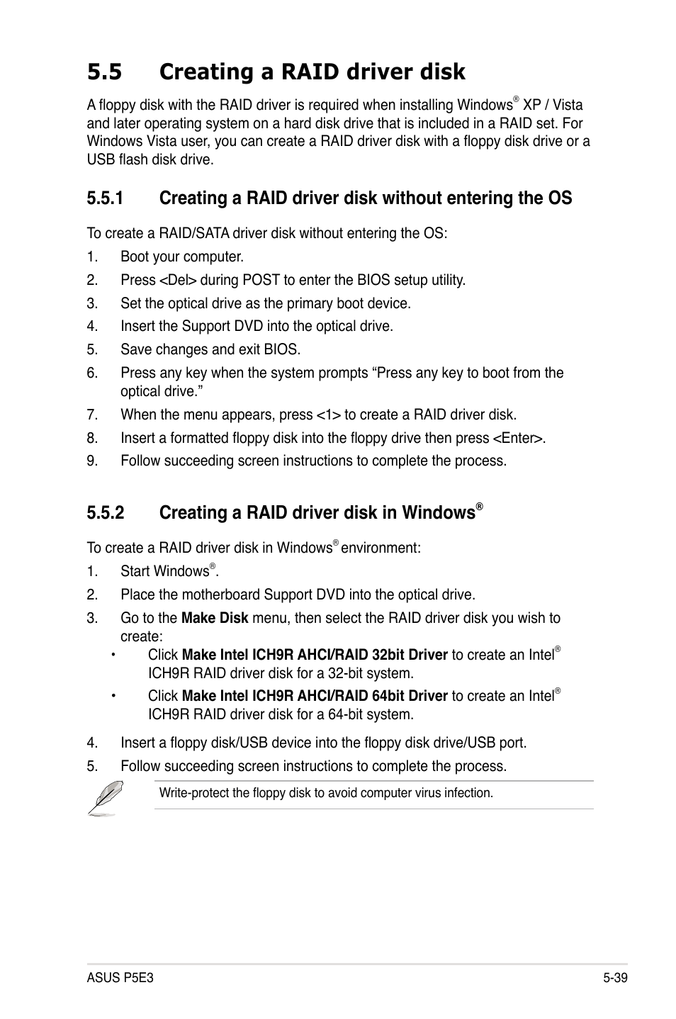 5 creating a raid driver disk, 2 creating a raid driver disk in windows | Asus P5E3 User Manual | Page 147 / 168