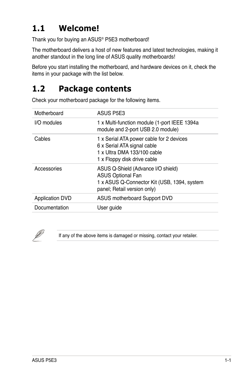 1 welcome, 2 package contents | Asus P5E3 User Manual | Page 17 / 168