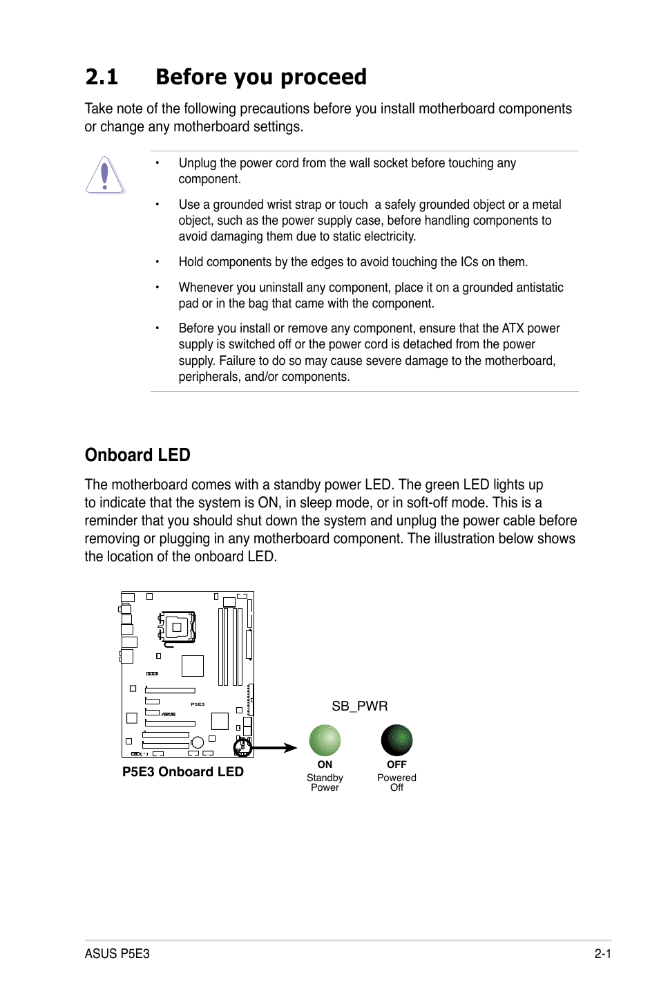 1 before you proceed, Onboard led | Asus P5E3 User Manual | Page 27 / 168
