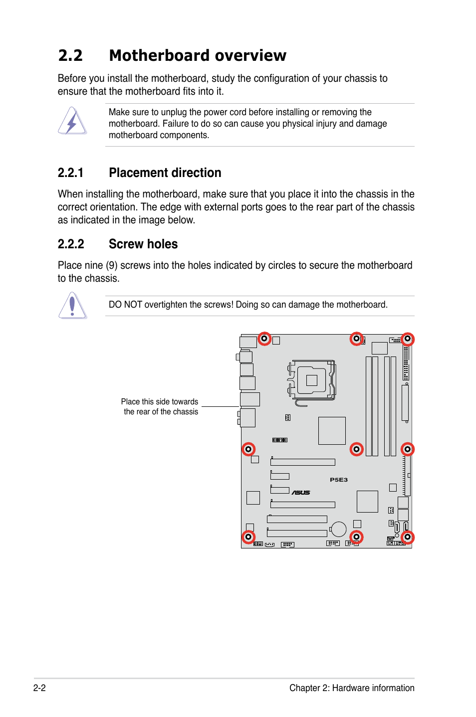 2 motherboard overview, 1 placement direction, 2 screw holes | Asus P5E3 User Manual | Page 28 / 168