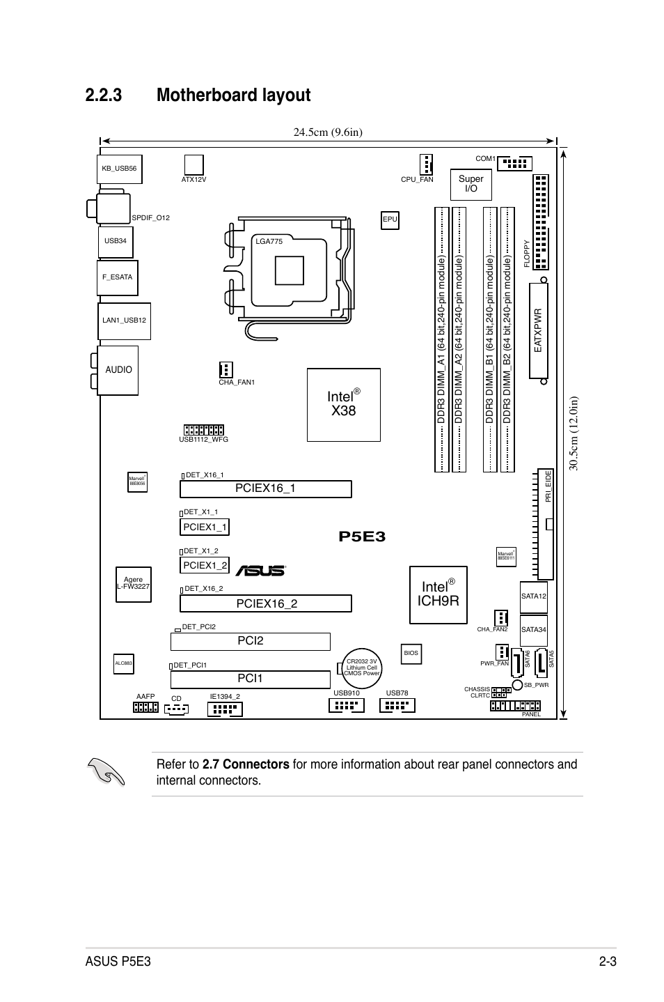 3 motherboard layout, P5e3, Intel | Ich9r, Asus p5e3 2-3, Pciex16_1 pci1, Pciex16_2, Pci2 | Asus P5E3 User Manual | Page 29 / 168