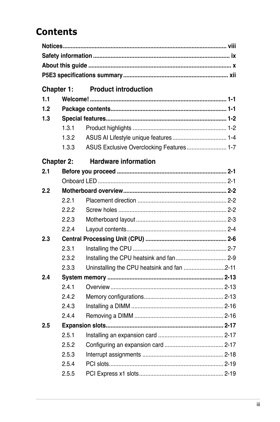 Asus P5E3 User Manual | Page 3 / 168