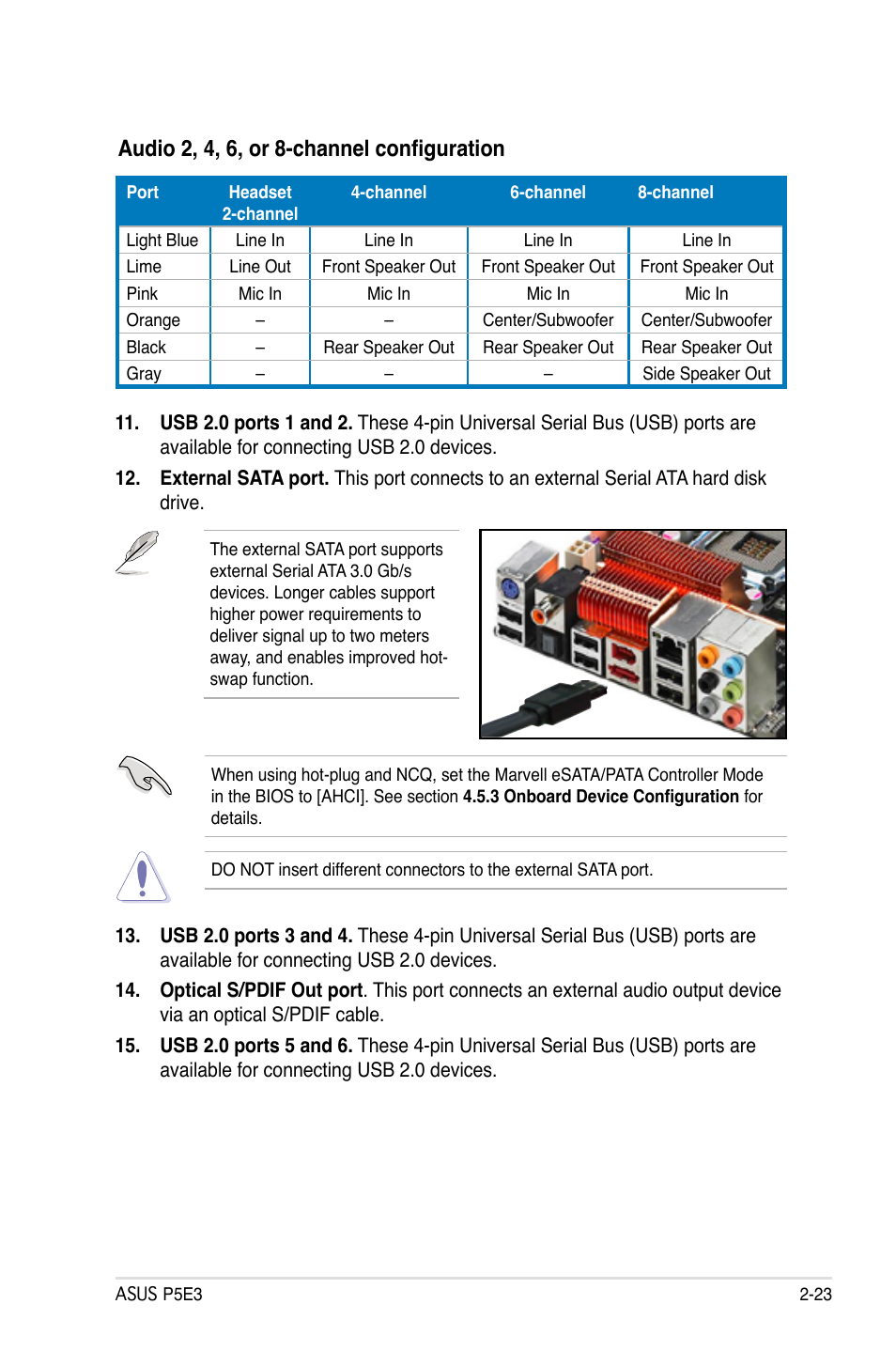 Audio 2, 4, 6, or 8-channel configuration | Asus P5E3 User Manual | Page 49 / 168