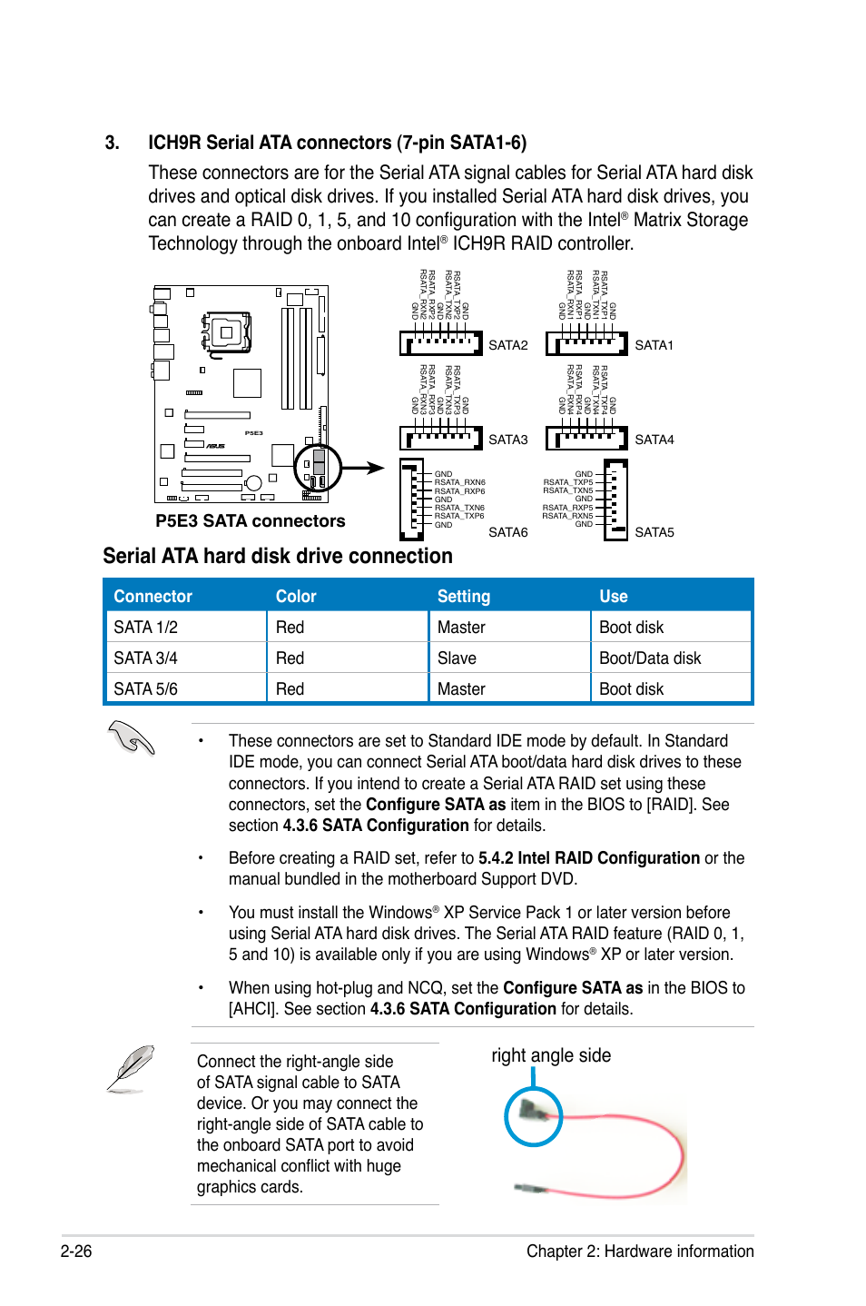 Serial ata hard disk drive connection, Ich9r raid controller, Right angle side | 26 chapter 2: hardware information, P5e3 sata connectors | Asus P5E3 User Manual | Page 52 / 168