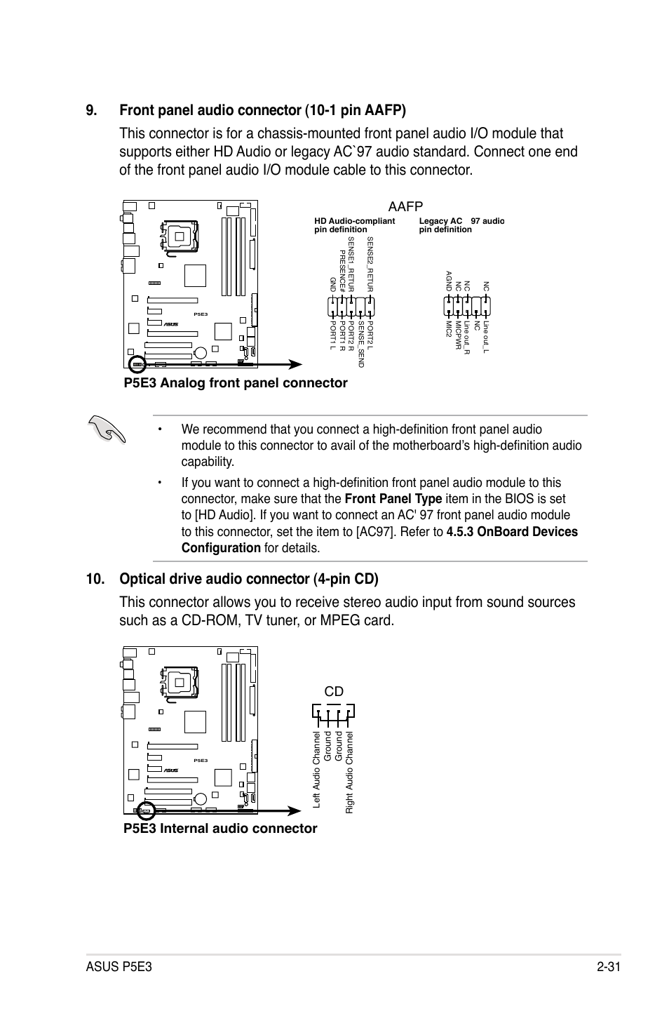 P5e3 internal audio connector cd, P5e3 analog front panel connector aafp | Asus P5E3 User Manual | Page 57 / 168