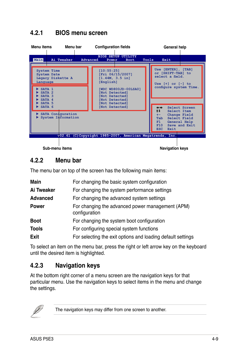 1 bios menu screen, 2 menu bar, 3 navigation keys | Asus P5E3 User Manual | Page 75 / 168