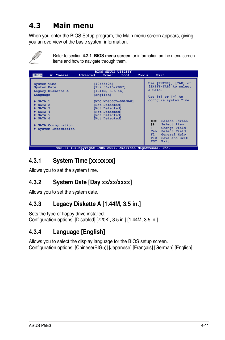 3 main menu, 1 system time [xx:xx:xx, 4 language [english | Allows you to set the system time, Allows you to set the system date | Asus P5E3 User Manual | Page 77 / 168