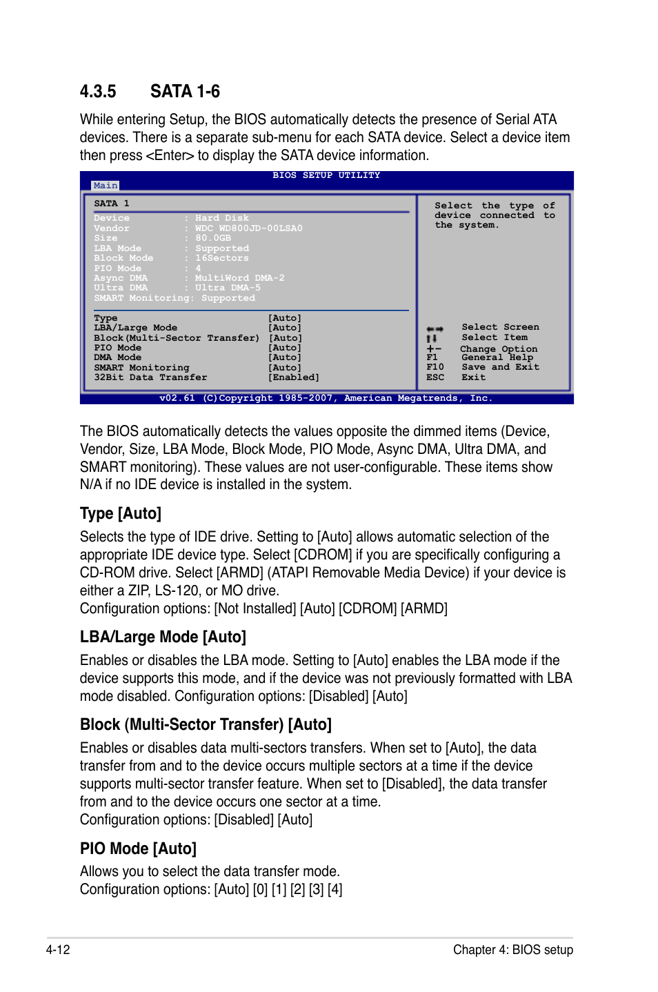 5 sata 1-6, Type [auto, Lba/large mode [auto | Block (multi-sector transfer) [auto, Pio mode [auto | Asus P5E3 User Manual | Page 78 / 168