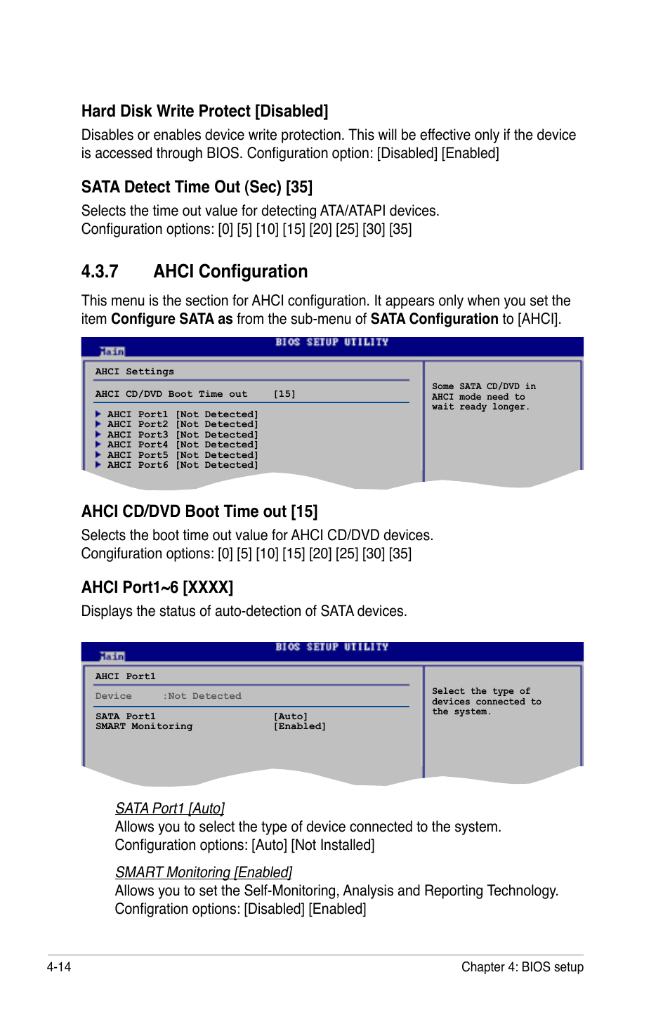 7 ahci configuration, Hard disk write protect [disabled, Sata detect time out (sec) [35 | Ahci cd/dvd boot time out [15 | Asus P5E3 User Manual | Page 80 / 168