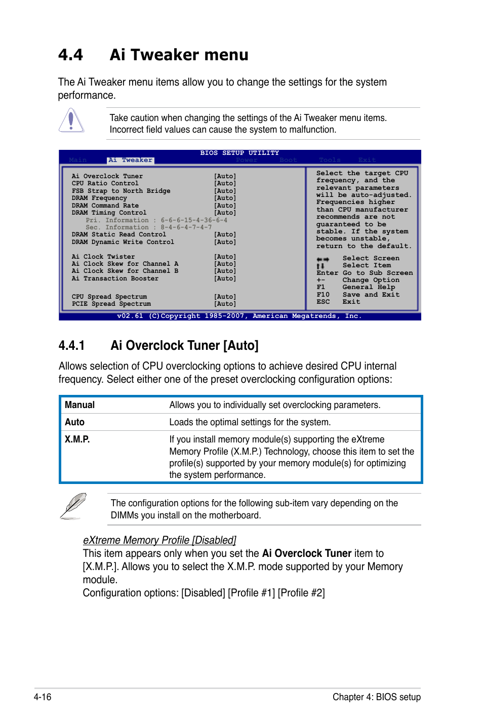 4 ai tweaker menu, 1 ai overclock tuner [auto | Asus P5E3 User Manual | Page 82 / 168