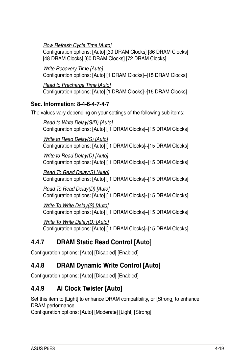 7 dram static read control [auto, 8 dram dynamic write control [auto, 9 ai clock twister [auto | Asus P5E3 User Manual | Page 85 / 168