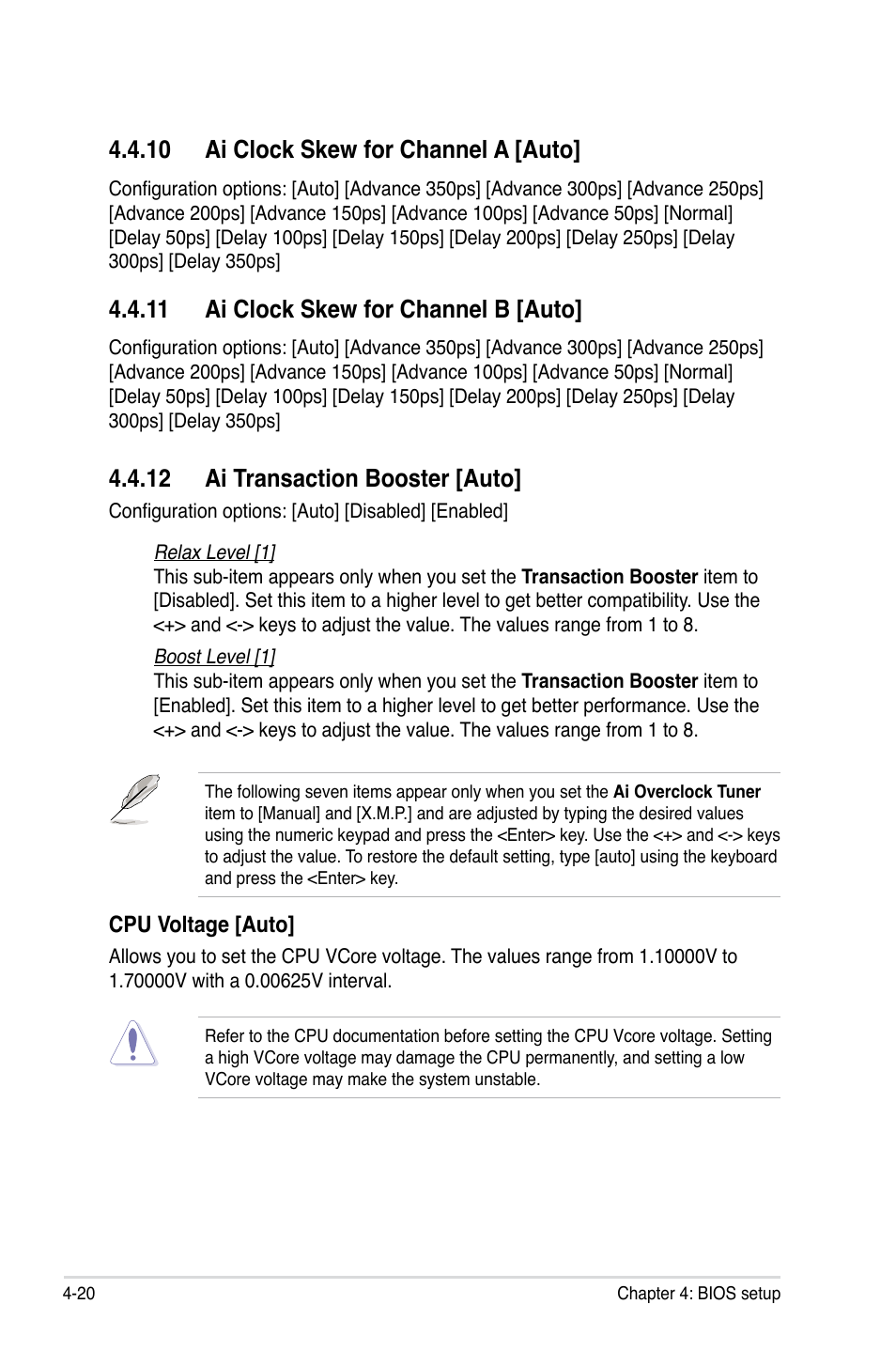 12 ai transaction booster [auto, 10 ai clock skew for channel a [auto, 11 ai clock skew for channel b [auto | Asus P5E3 User Manual | Page 86 / 168