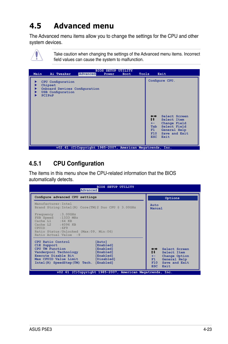 5 advanced menu, 1 cpu configuration | Asus P5E3 User Manual | Page 89 / 168