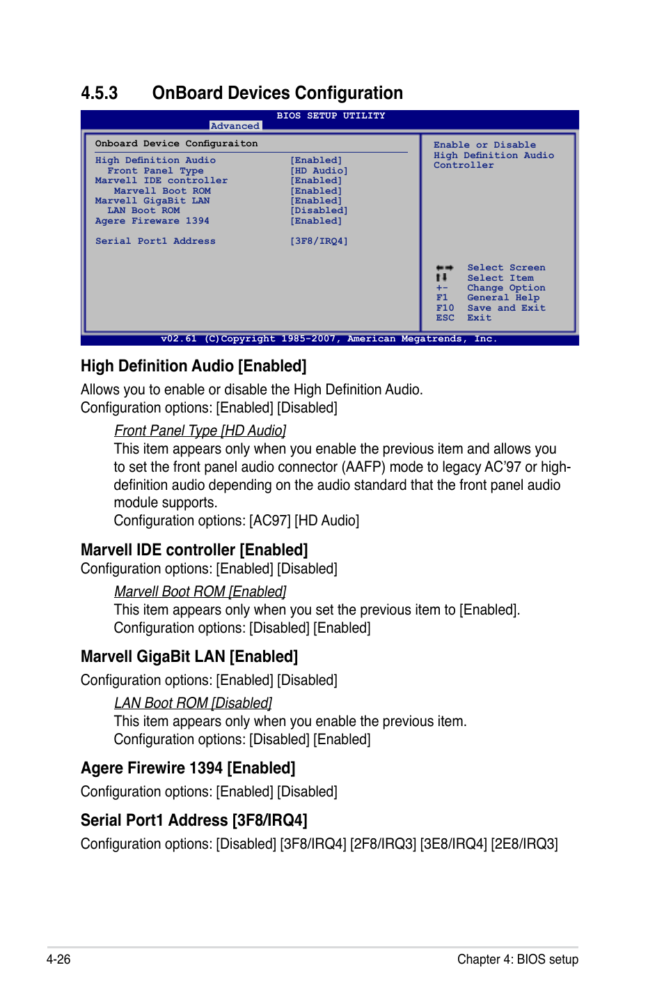 3 onboard devices configuration, High definition audio [enabled, Marvell ide controller [enabled | Marvell gigabit lan [enabled, Agere firewire 1394 [enabled, Serial port1 address [3f8/irq4, Configuration options: [enabled] [disabled | Asus P5E3 User Manual | Page 92 / 168