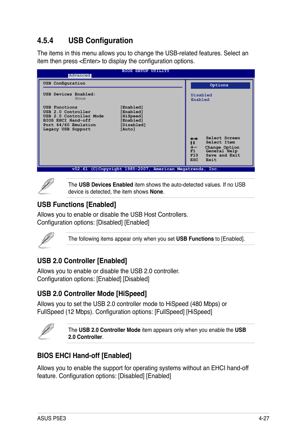 4 usb configuration, Usb 2.0 controller [enabled, Usb 2.0 controller mode [hispeed | Usb functions [enabled, Bios ehci hand-off [enabled | Asus P5E3 User Manual | Page 93 / 168