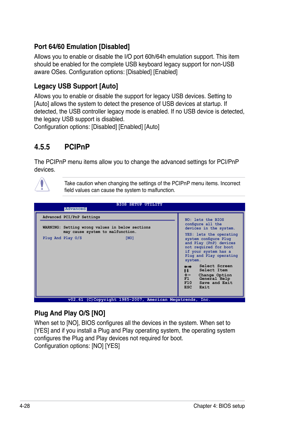 5 pcipnp, Plug and play o/s [no, Port 64/60 emulation [disabled | Legacy usb support [auto | Asus P5E3 User Manual | Page 94 / 168