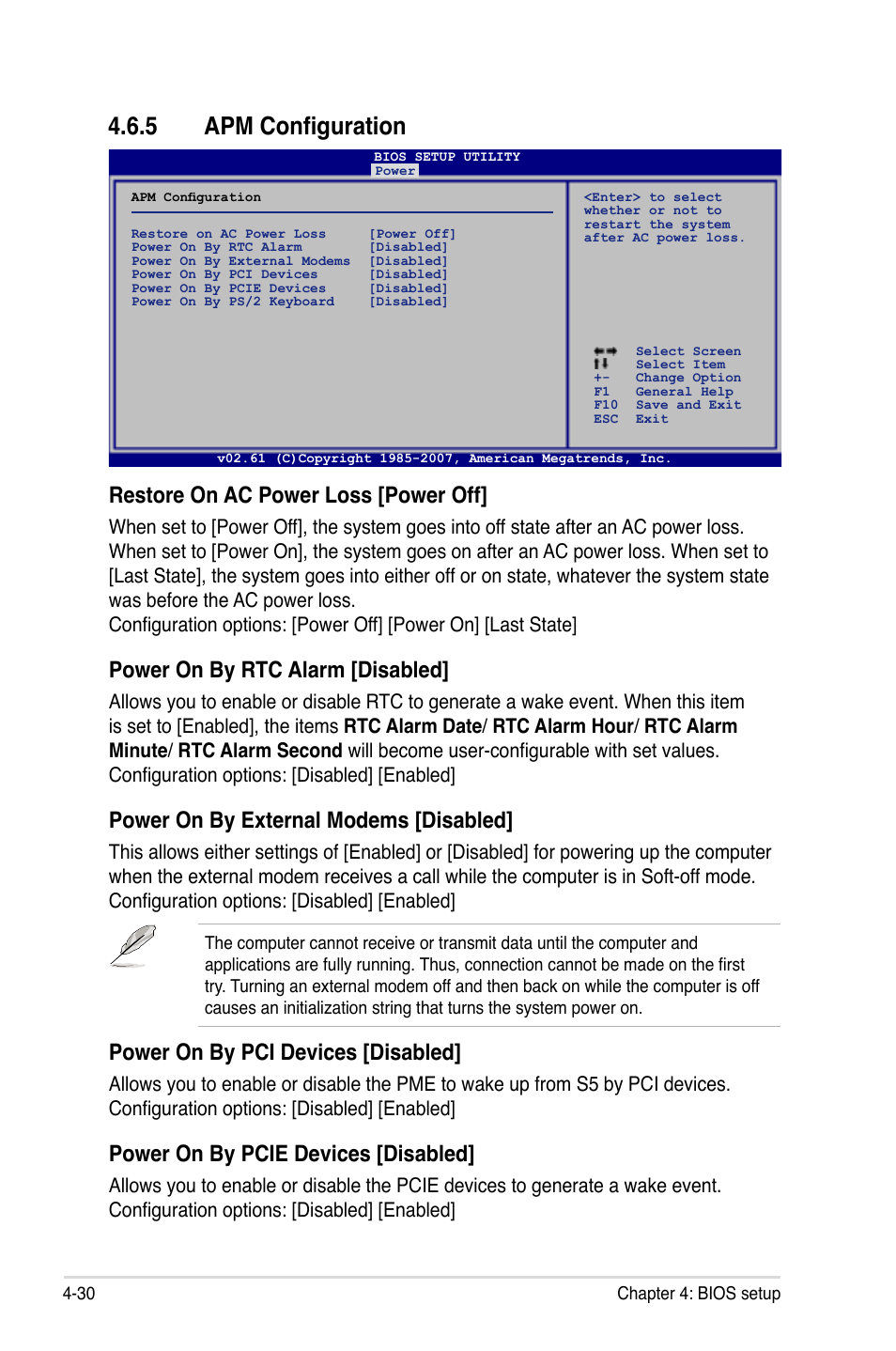 5 apm configuration, Restore on ac power loss [power off, Power on by rtc alarm [disabled | Power on by external modems [disabled, Power on by pci devices [disabled, Power on by pcie devices [disabled | Asus P5E3 User Manual | Page 96 / 168