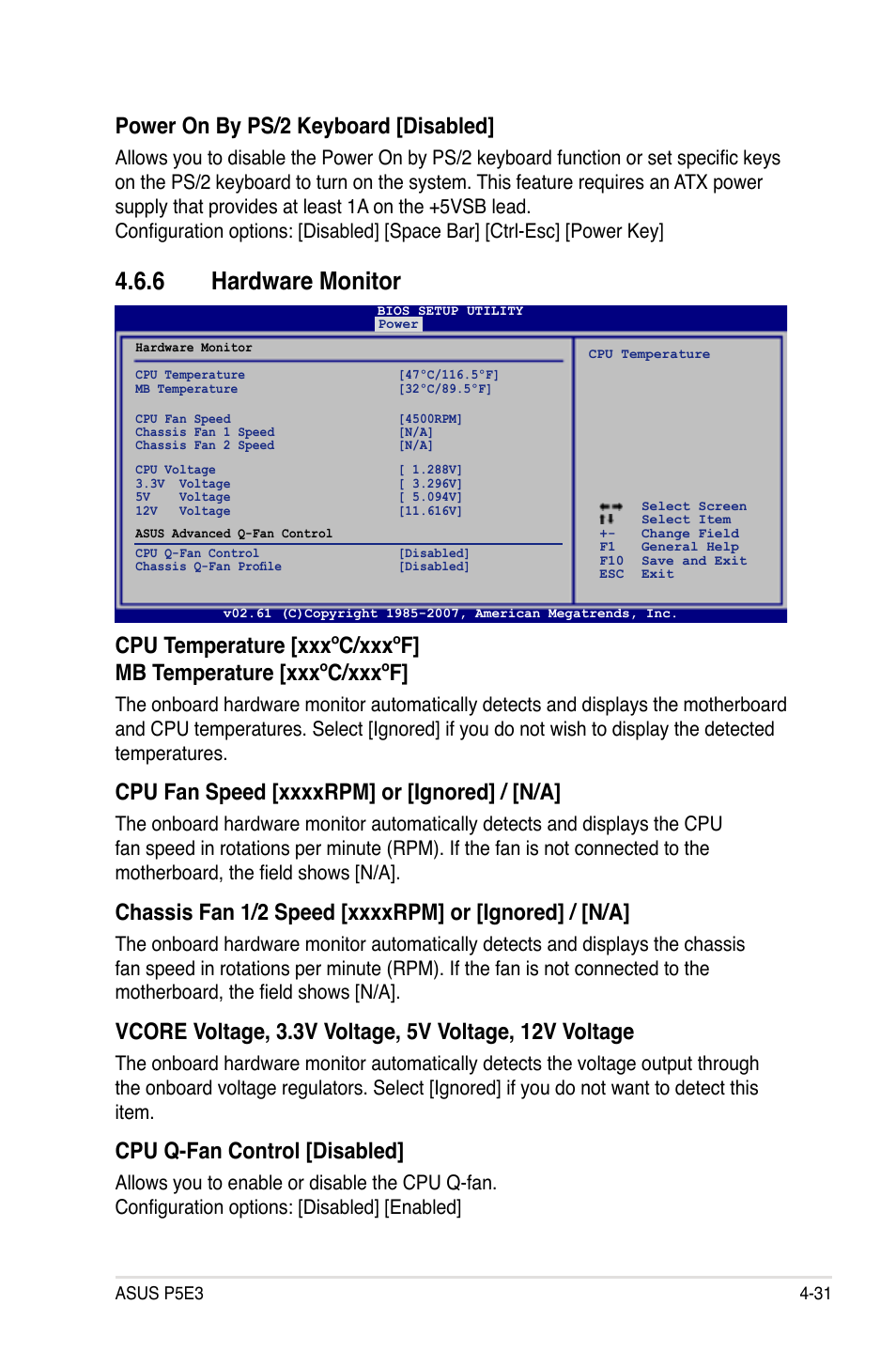 6 hardware monitor, Power on by ps/2 keyboard [disabled, Cpu q-fan control [disabled | Asus P5E3 User Manual | Page 97 / 168