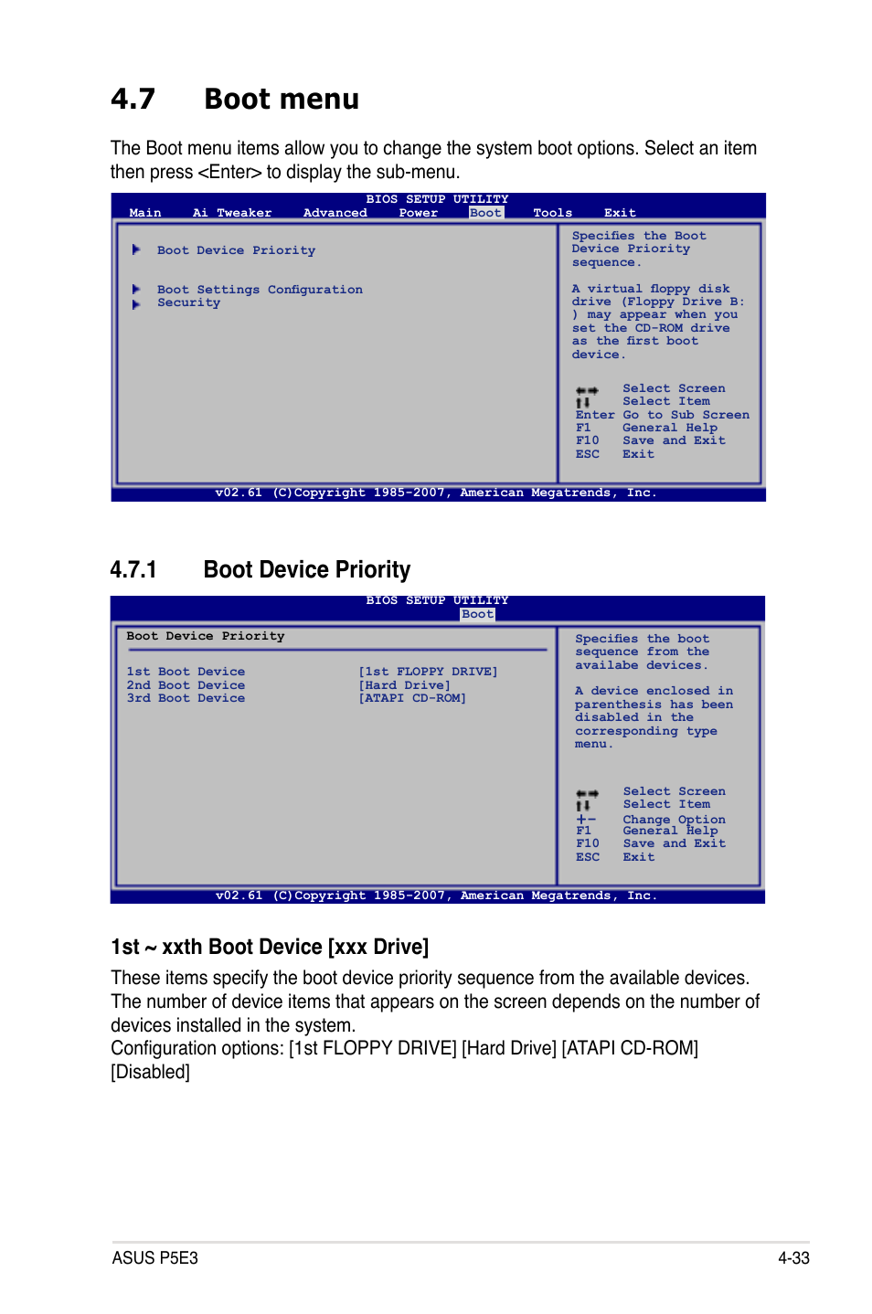 7 boot menu, 1 boot device priority, 1st ~ xxth boot device [xxx drive | Asus P5E3 User Manual | Page 99 / 168