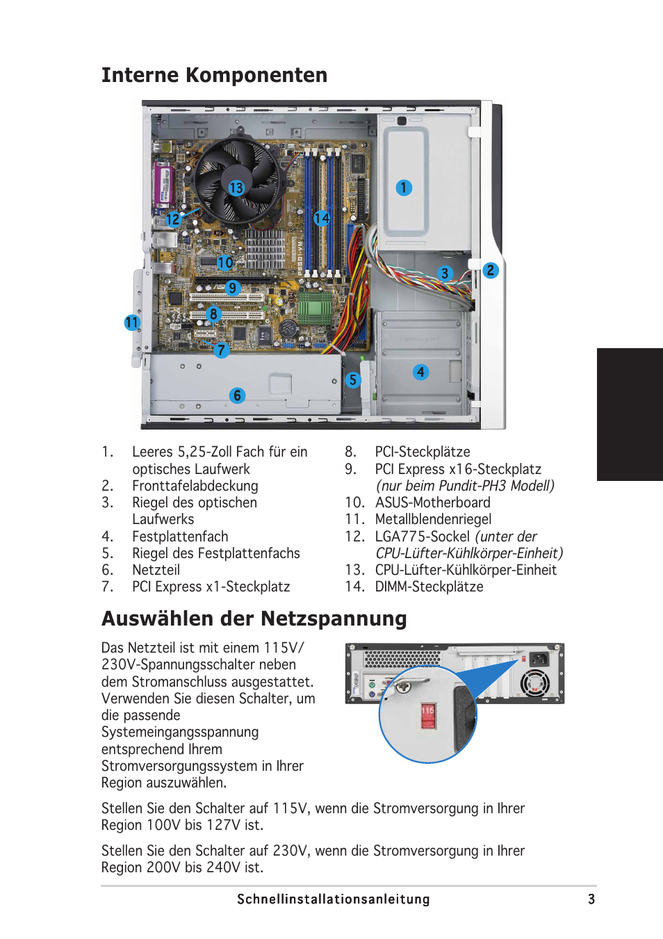 Interne komponenten, Auswählen der netzspannung, Deutsch | Asus Pundit-PH3 User Manual | Page 19 / 80