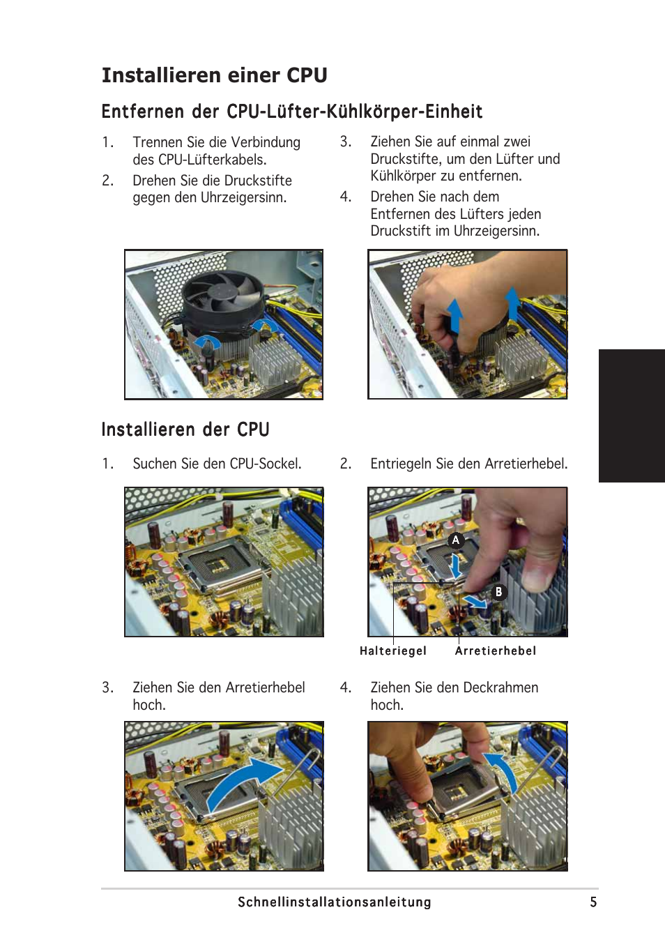 Installieren einer cpu, Deutsch, Entfernen der cpu-lüfter-kühlkörper-einheit | Installieren der cpu | Asus Pundit-PH3 User Manual | Page 21 / 80