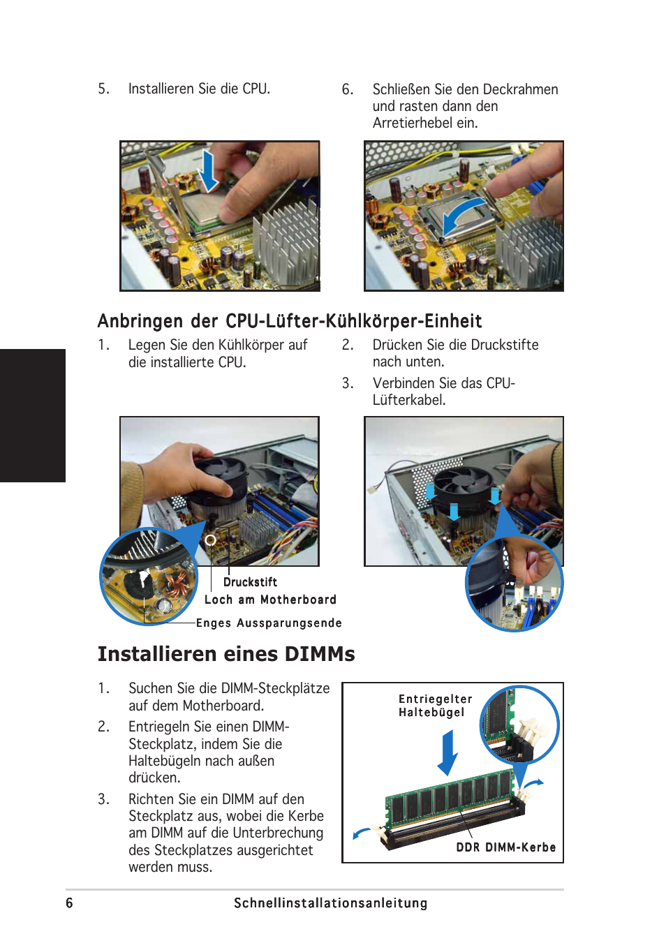 Installieren eines dimms, Deutsch, Anbringen der cpu-lüfter-kühlkörper-einheit | Asus Pundit-PH3 User Manual | Page 22 / 80