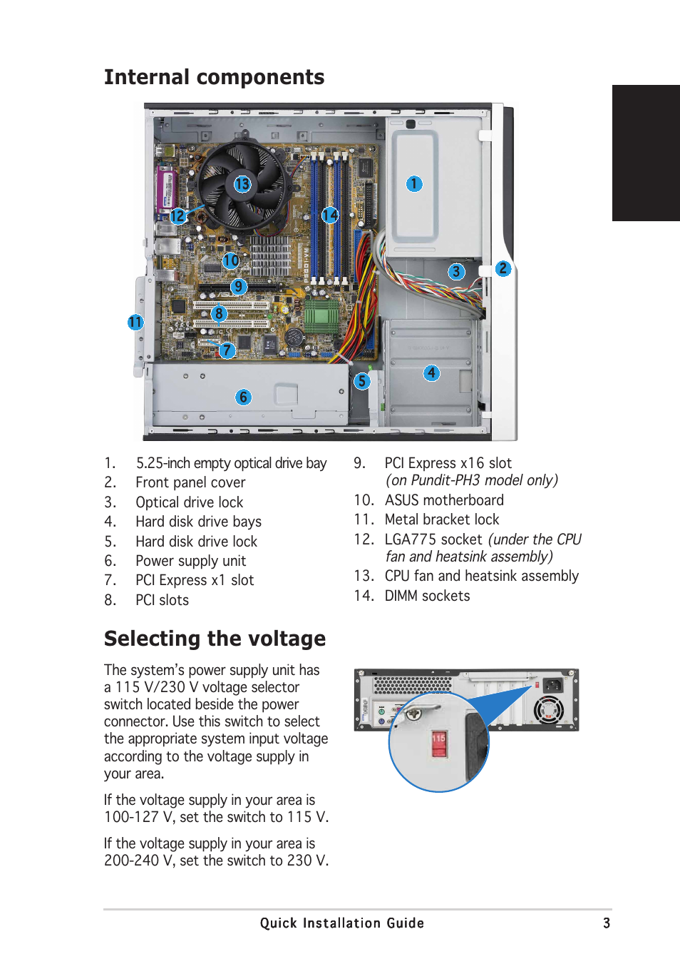 Internal components, Selecting the voltage, English | Asus Pundit-PH3 User Manual | Page 3 / 80
