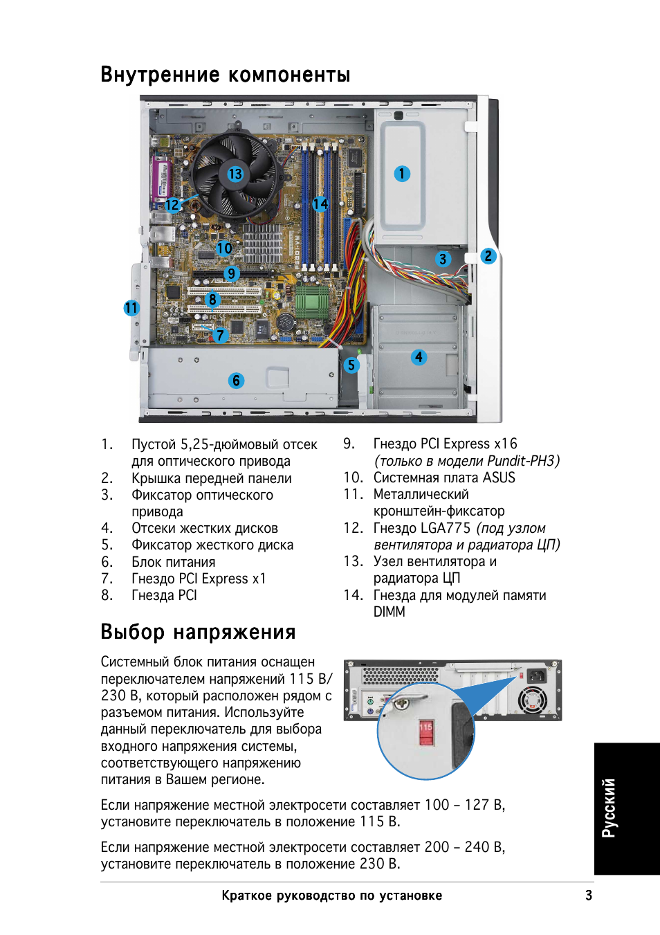 Нутренние компоненты, Ыбор напряжения, Усский | Asus Pundit-PH3 User Manual | Page 43 / 80