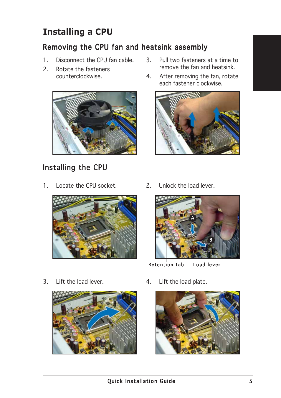 Installing a cpu, English, Removing the cpu fan and heatsink assembly | Installing the cpu | Asus Pundit-PH3 User Manual | Page 5 / 80