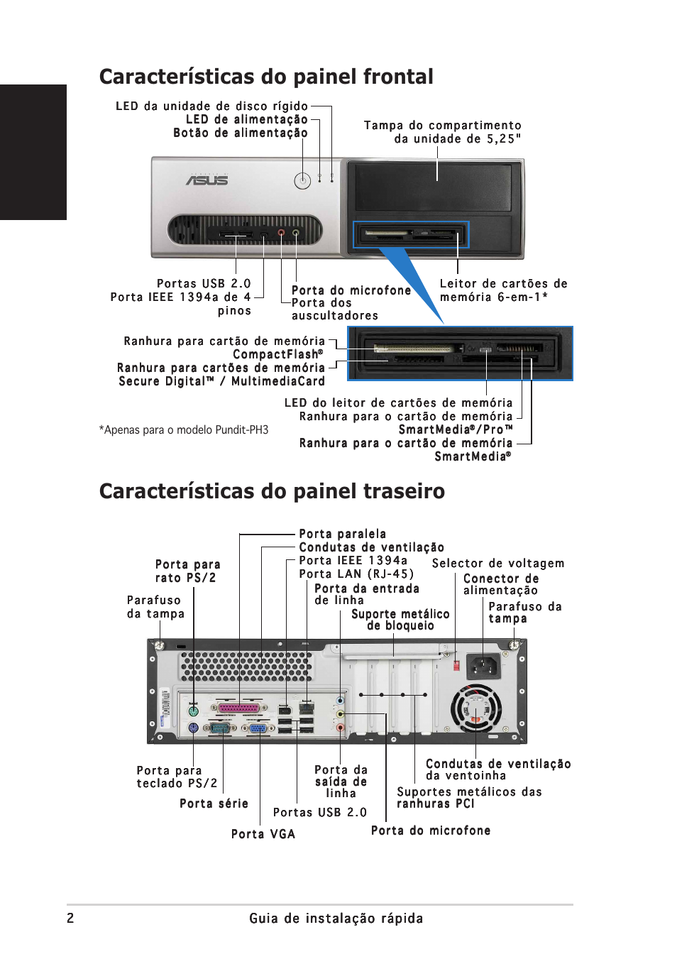 Características do painel traseiro, Características do painel frontal, Português | Asus Pundit-PH3 User Manual | Page 50 / 80