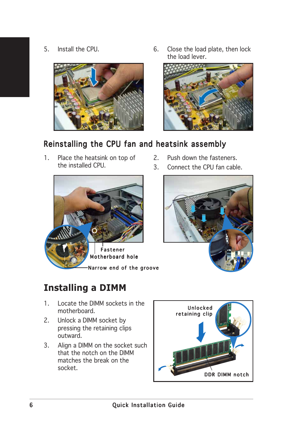 Installing a dimm, English, Reinstalling the cpu fan and heatsink assembly | Asus Pundit-PH3 User Manual | Page 6 / 80