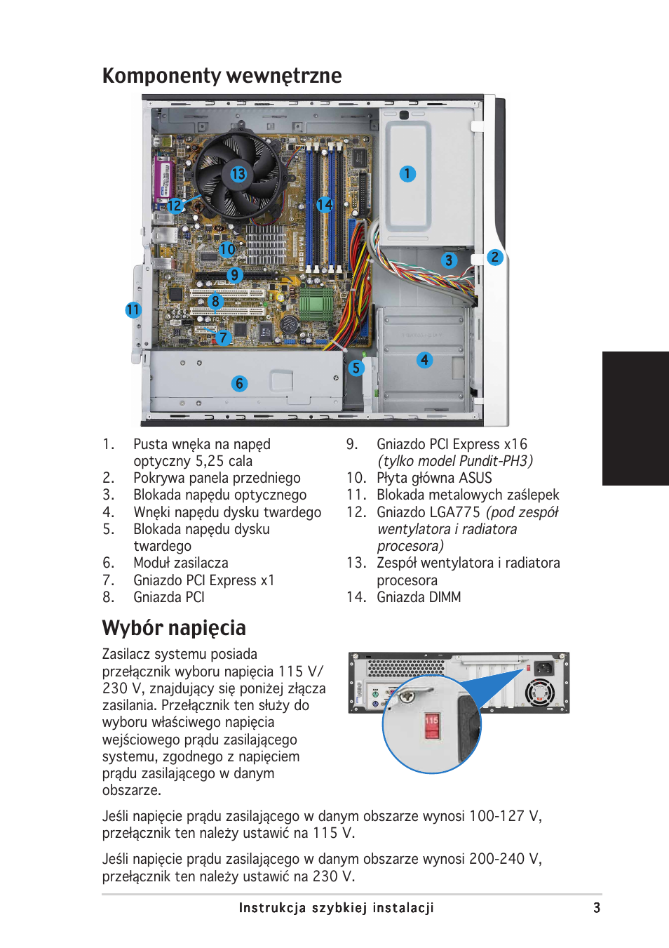 Komponenty wewnętrzne wybór napięcia, Polski | Asus Pundit-PH3 User Manual | Page 67 / 80