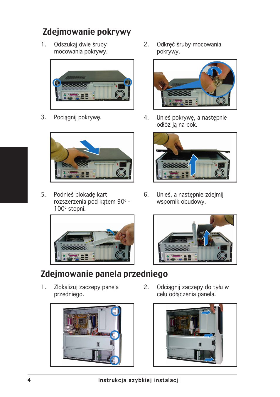 Zdejmowanie pokrywy, Zdejmowanie panela przedniego, Polski | Asus Pundit-PH3 User Manual | Page 68 / 80