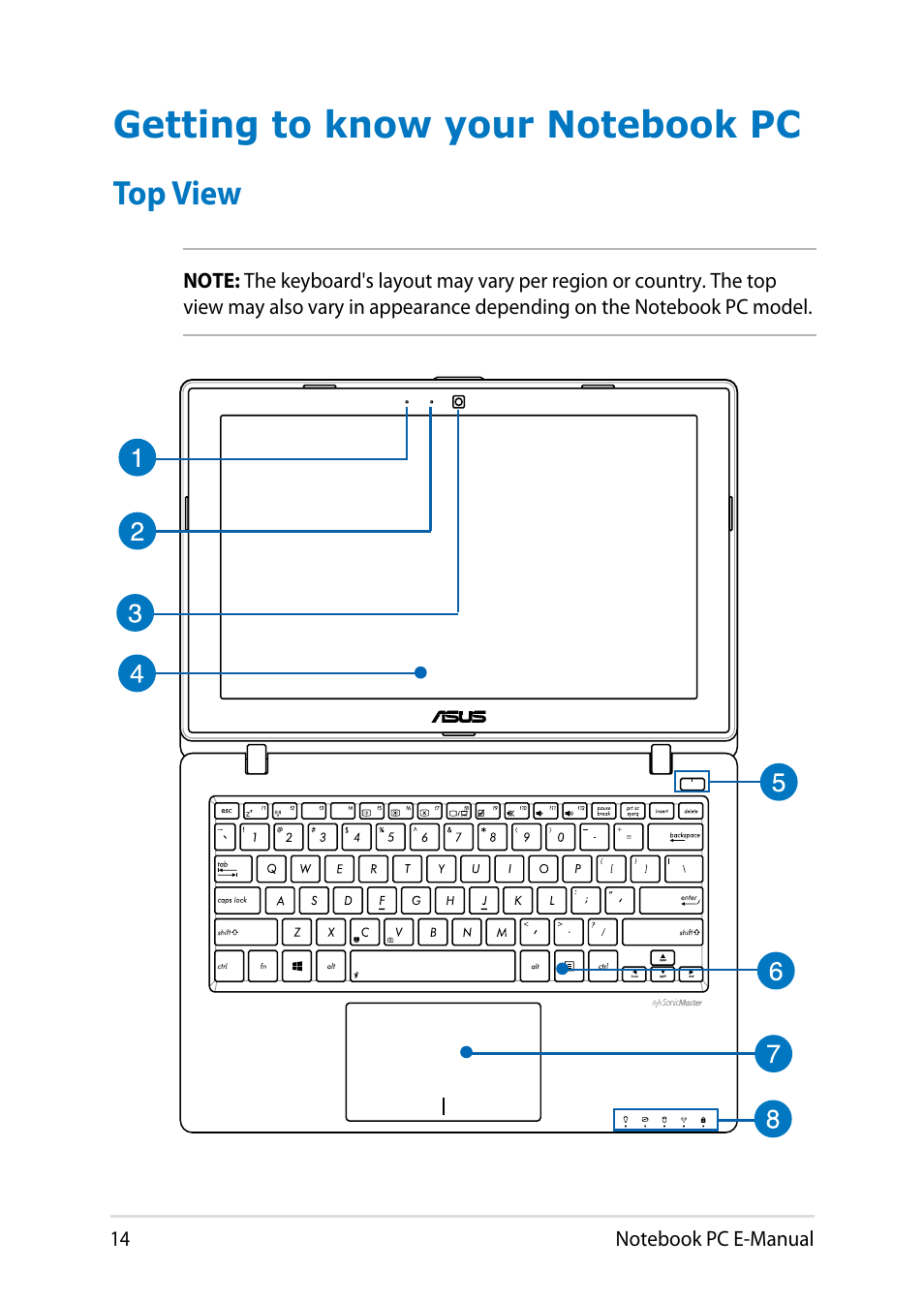 Getting to know your notebook pc, Top view | Asus X200LA User Manual | Page 14 / 122