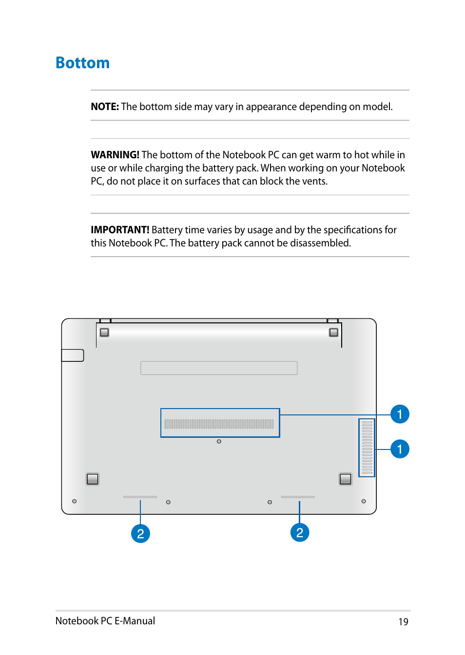 Bottom | Asus X200LA User Manual | Page 19 / 122