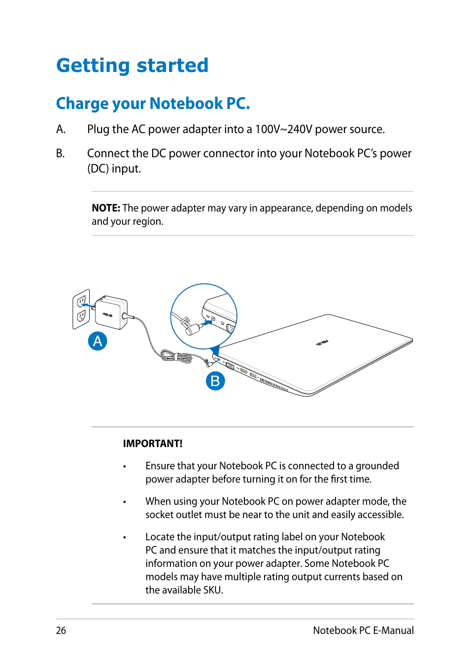 Getting started, Charge your notebook pc | Asus X200LA User Manual | Page 26 / 122