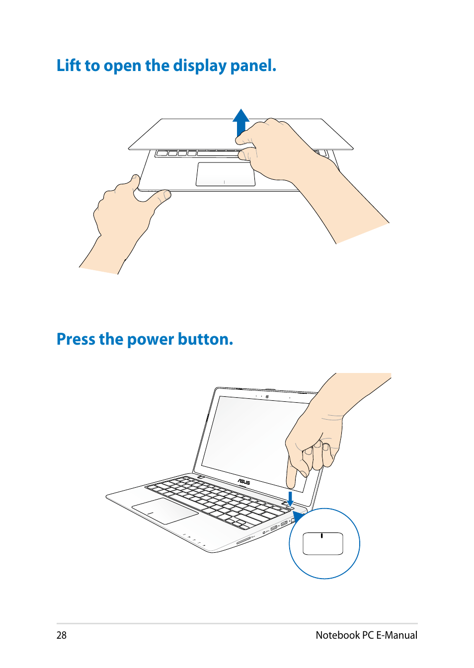 Lift to open the display panel, Press the power button | Asus X200LA User Manual | Page 28 / 122