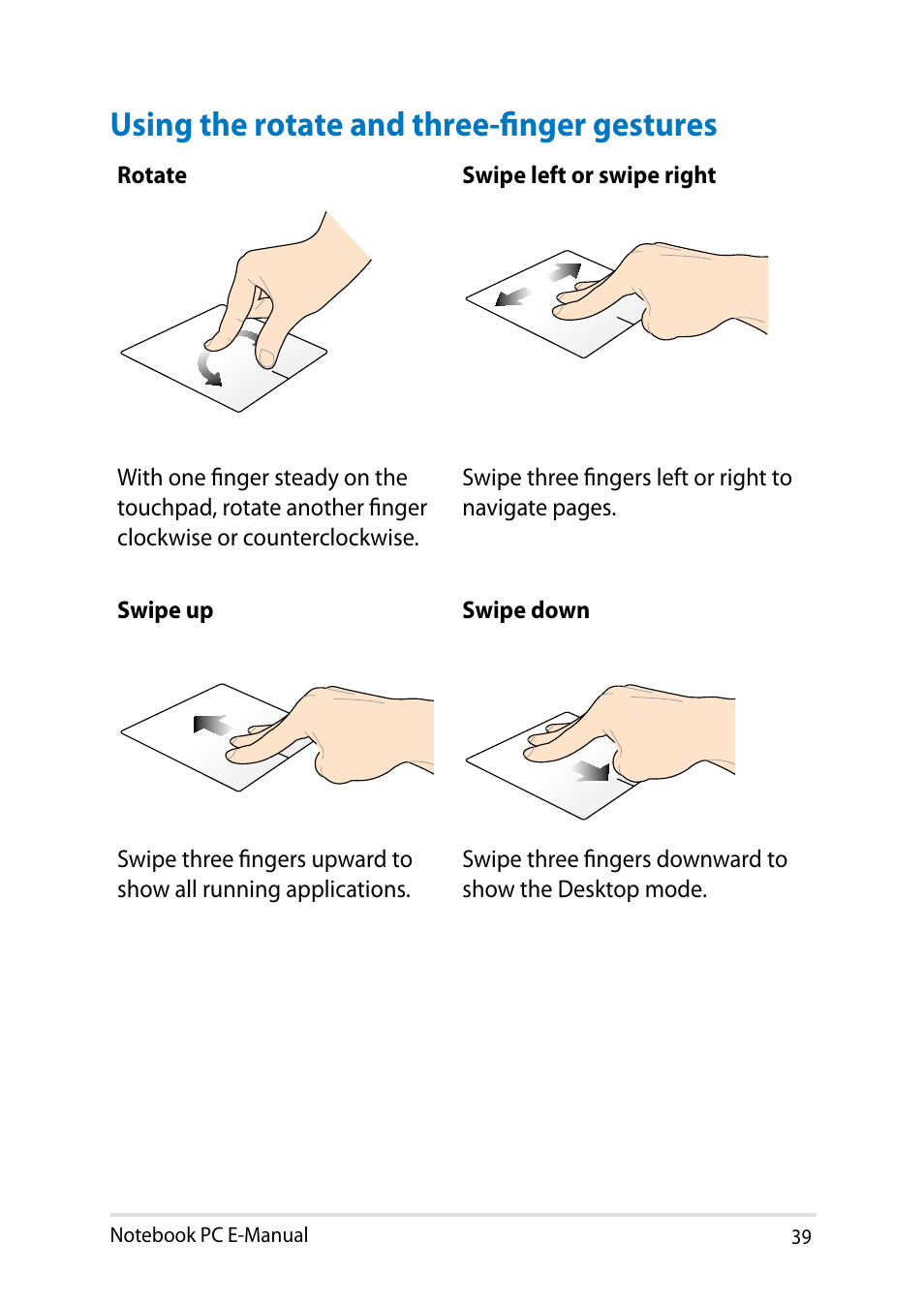 Using the rotate and three-finger gestures | Asus X200LA User Manual | Page 39 / 122