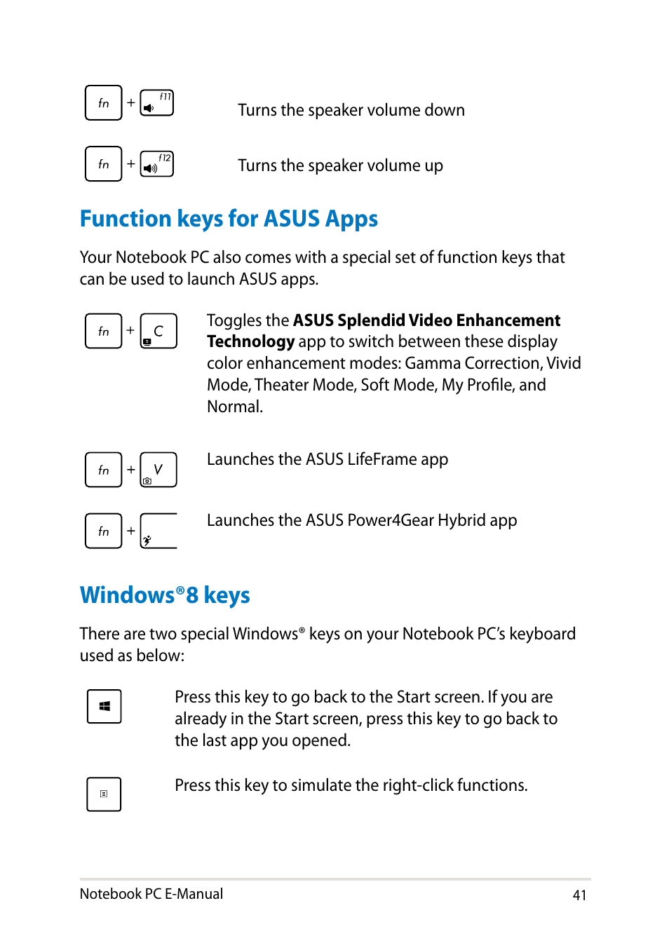 Function keys for asus apps, Windows®8 keys, Function keys for asus apps windows®8 keys | Asus X200LA User Manual | Page 41 / 122