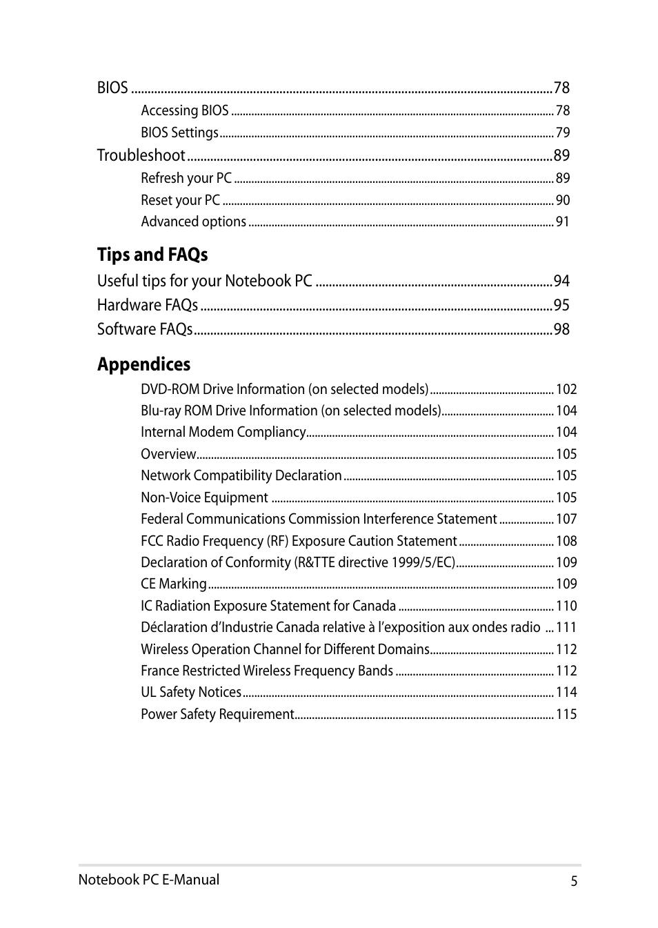 Tips and faqs, Appendices | Asus X200LA User Manual | Page 5 / 122