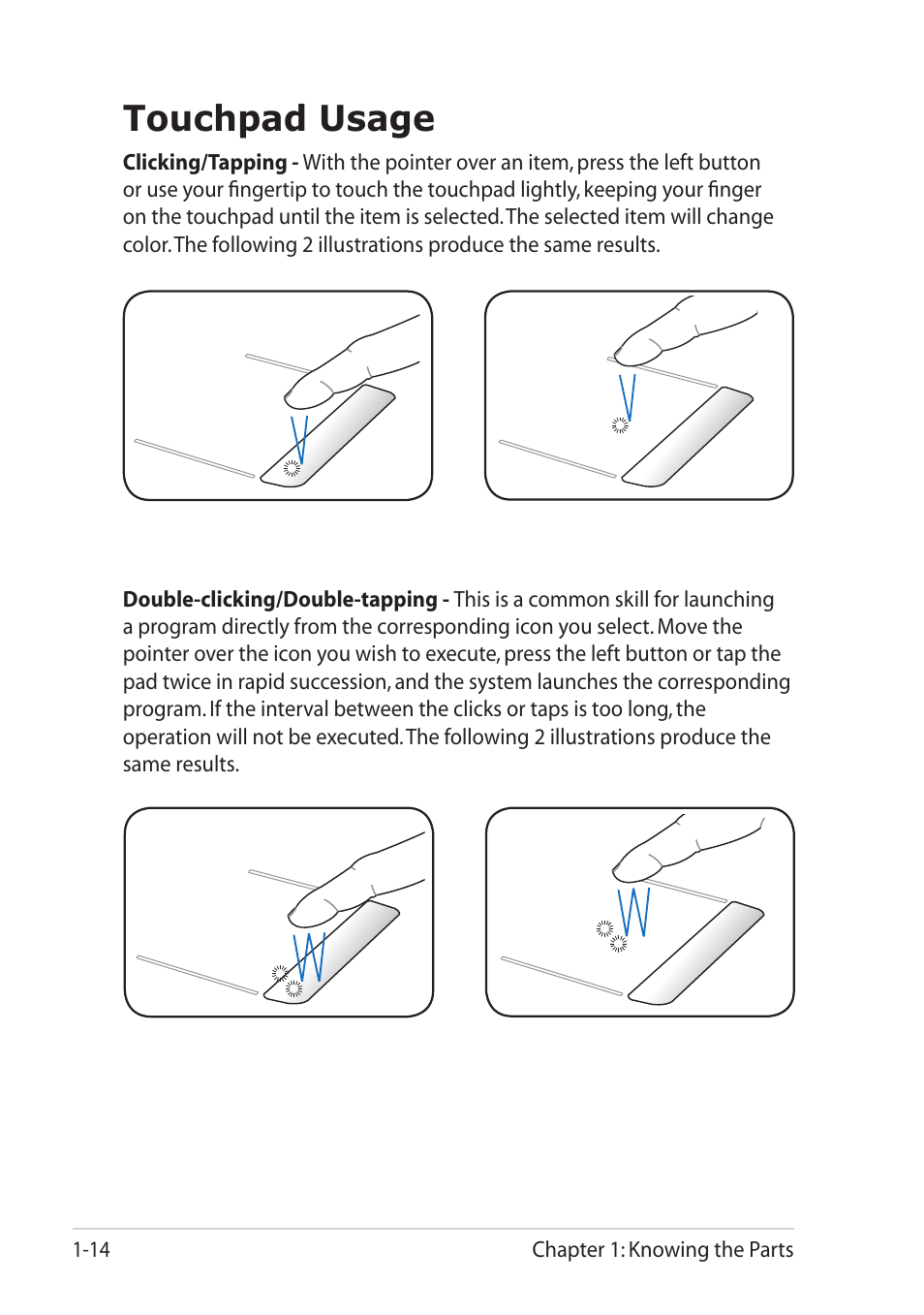 Touchpad usage, Touchpad usage -14 | Asus Eee PC R051T User Manual | Page 22 / 66