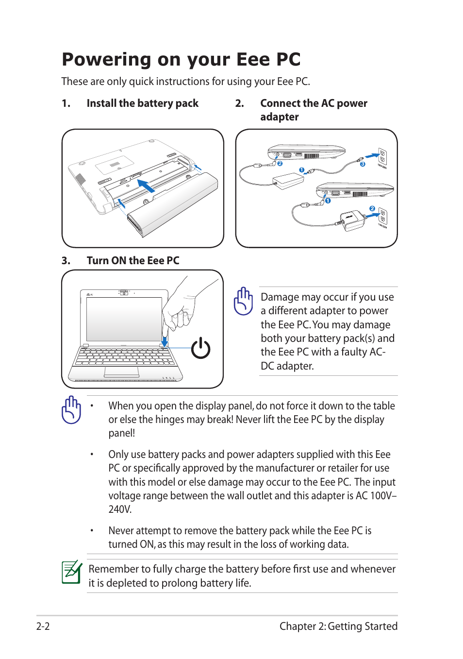 Powering on your eee pc, Powering on your eee pc -2 | Asus Eee PC R051T User Manual | Page 26 / 66