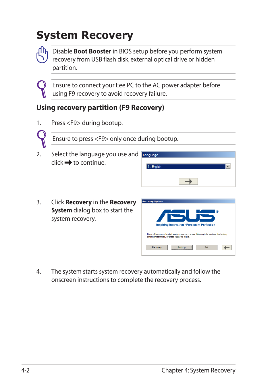 System recovery, System recovery -2 | Asus Eee PC R051T User Manual | Page 48 / 66