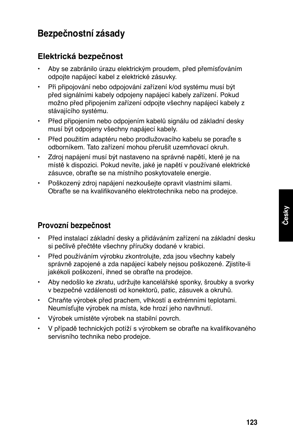 Bezpečnostní zásady, Elektrická bezpečnost, Provozní bezpečnost | Asus Motherboard User Manual | Page 124 / 721