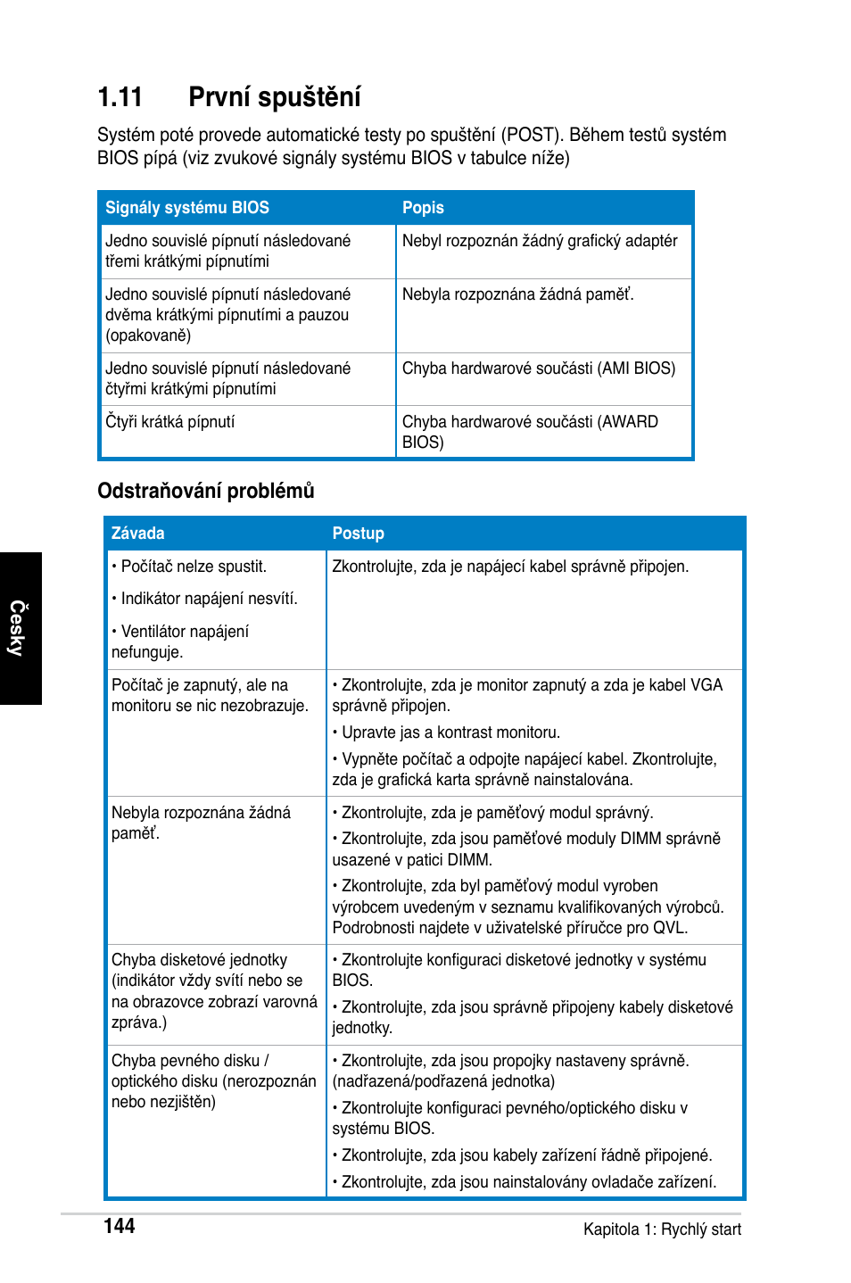 11 první spuštění, Odstraňování problémů | Asus Motherboard User Manual | Page 145 / 721