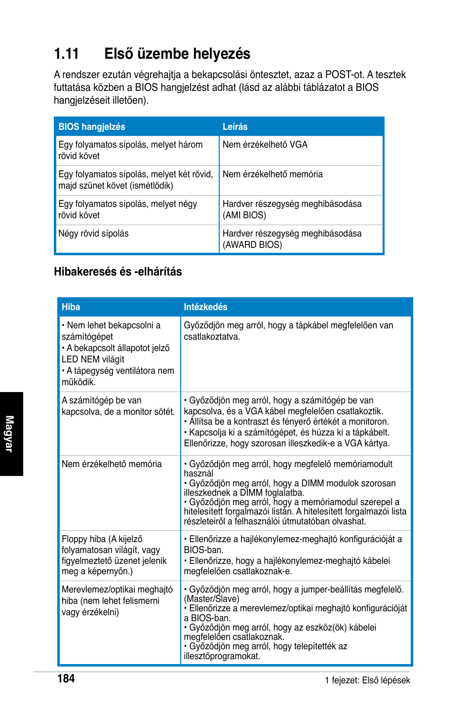 11 első üzembe helyezés, Hibakeresés és -elhárítás | Asus Motherboard User Manual | Page 185 / 721