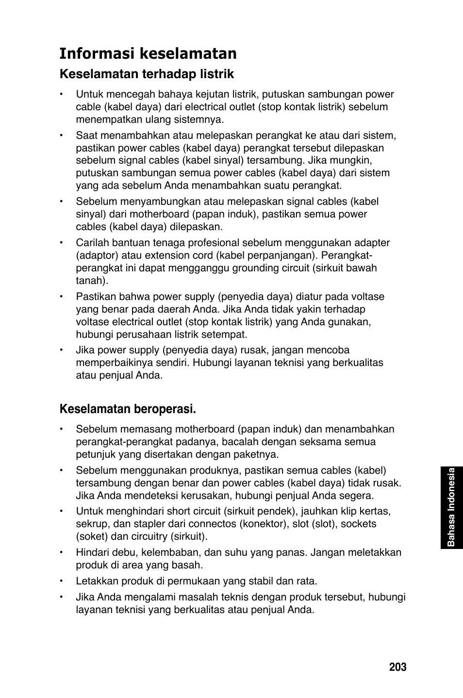 Informasi keselamatan, Keselamatan terhadap listrik, Keselamatan beroperasi | Asus Motherboard User Manual | Page 204 / 721