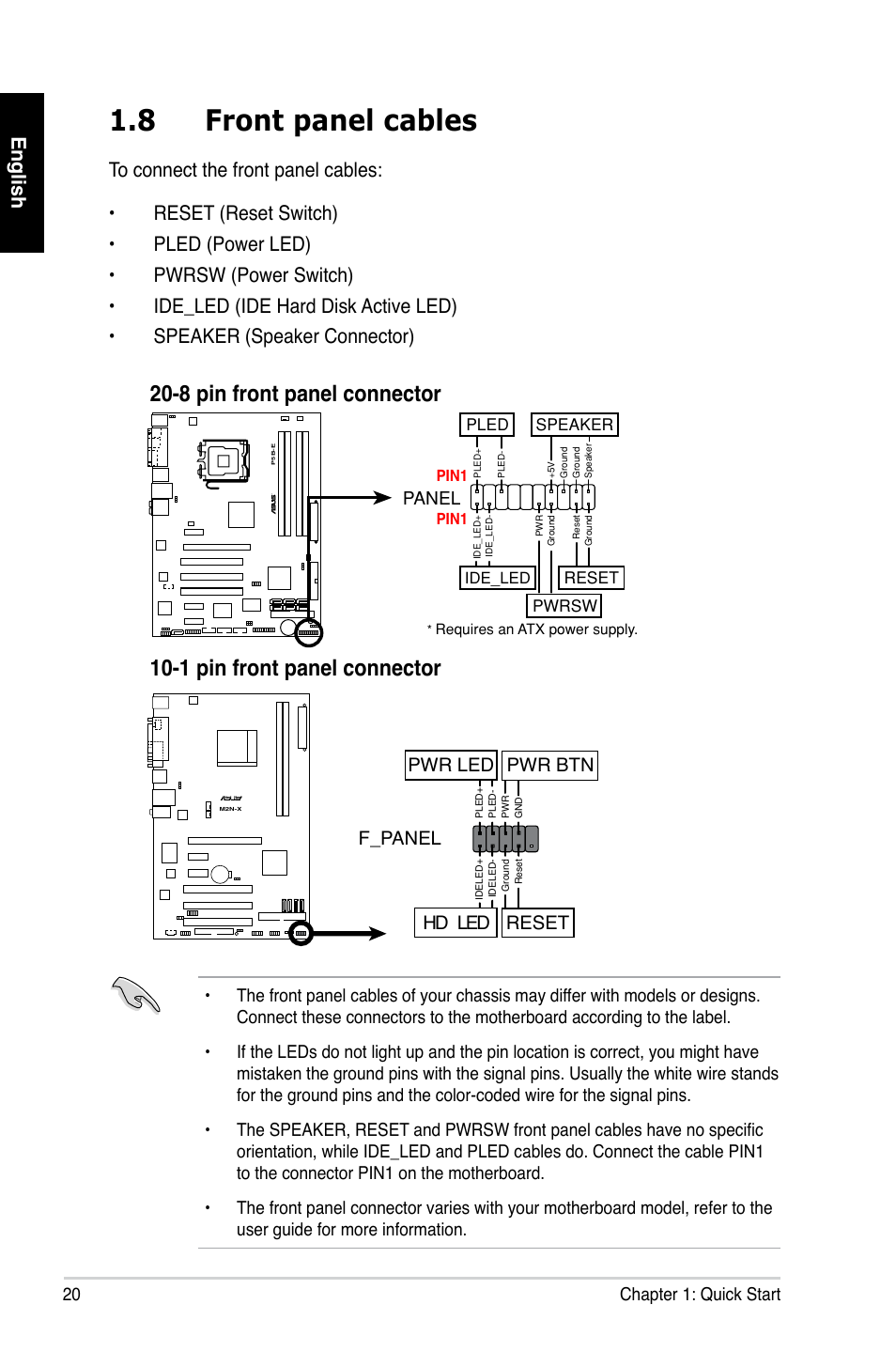 8 front panel cables, F_panel, Hd led reset pwr led pwr btn | Asus Motherboard User Manual | Page 21 / 721