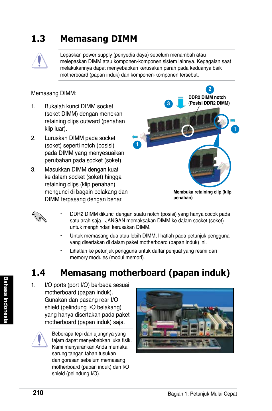 3 memasang dimm, 4 memasang motherboard (papan induk) | Asus Motherboard User Manual | Page 211 / 721